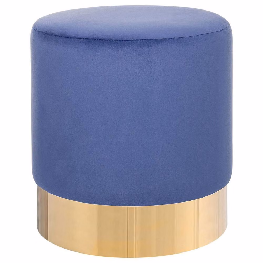 Wyld and Coco Blue Velvet Round Cylindrical Pouffe with Gold Trim – 2