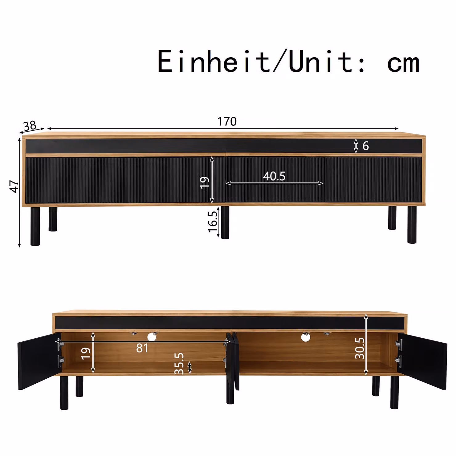 Aosom UK Elegant Striped TV Cabinet with 4 Doors and Wooden Legs in Black and Natural, W: 170 cm, D: 38 cm, H: 47 cm – 3