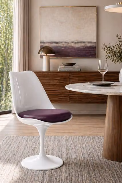 Fusion Living White Tulip Swivel Dining Chair with Purple PU Cushion