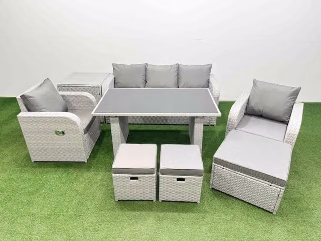 Fimous 8-Seater Outdoor Rattan Garden Dining Set with Side Table in Light Grey