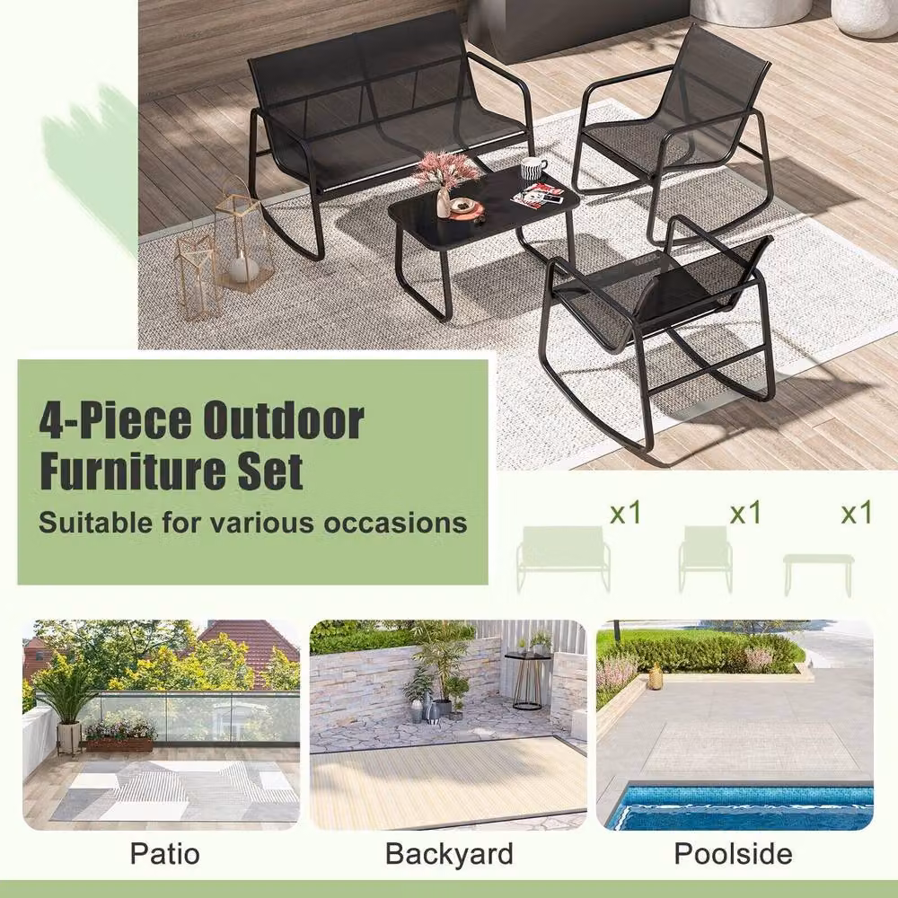 Costway 4 Piece Black Metal and Glass Outdoor Patio Rocking Chair Conversation Set – 7