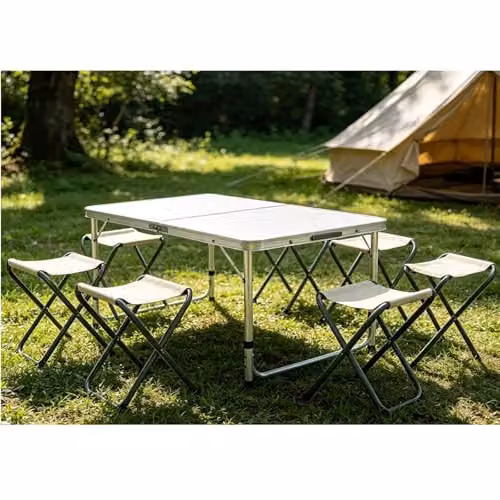 Gr8 Garden Height Adjustable Folding Camping Picnic Table Set with 4 Stools, Grey Powder Coated Aluminium and MDF Laminate, W/D/H: 120 x 60 x 70 cm – 4