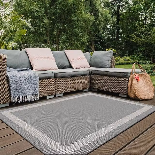 THE RUGS Reversible Duo Weave Outdoor Rug in Silver Bordered Design, W: 160 cm, D: 230 cm