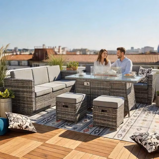 BIRCHTREE 8-Seater Modern Grey Rattan Furniture Set with Fire Pit Table RFS10