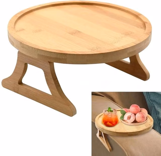 EONLION Brown Bamboo Armchair Folding Tray and Drink Holder Serving Table – 1