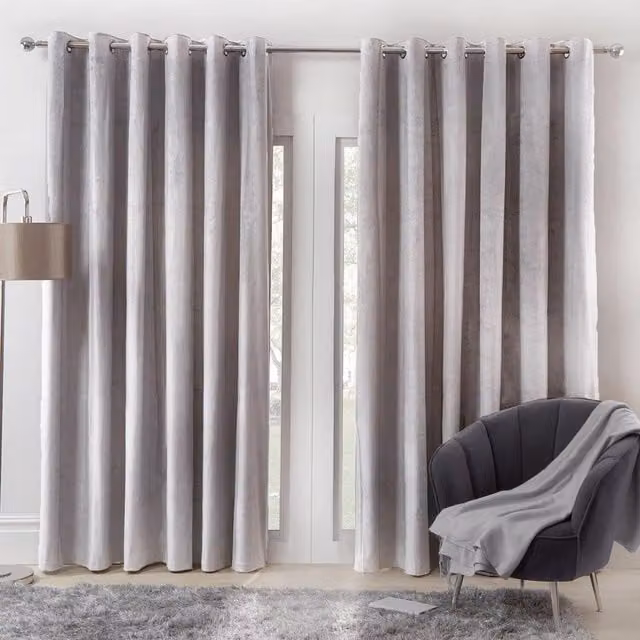 Sienna Capri Supersoft Velvet Eyelet Lined Curtains in Silver, Width: 228 cm
