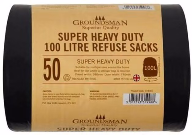 Groundsman Heavy Duty Black Plastic Refuse Sacks, Pack of 50