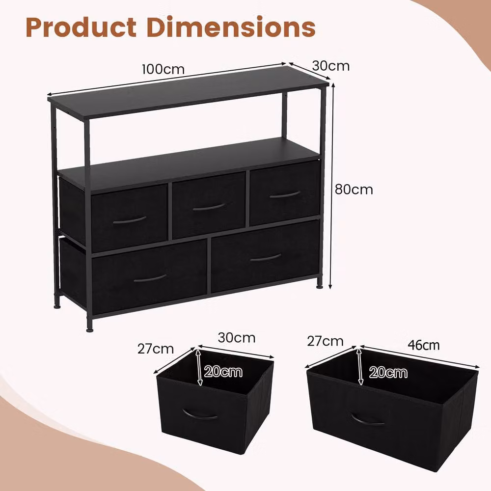 Gymax 5-Drawer Dresser with Open Shelves in Black – 2