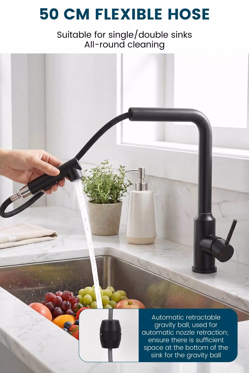 JANLEMNY L-Shaped Kitchen Mixer Tap in Matte Black with Pull-Out Spray Function – 8