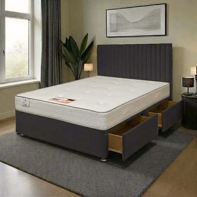 Knight Sleep Emily Hybrid Upholstered Bed Set with Headboard and Mattress in Grey, W/D/H: 180 x 200 cm