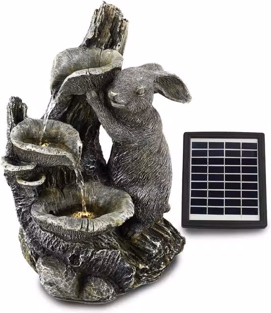 Geezy Solar Rabbit Bunny Tabletop Fountain with LED Lights in Brown