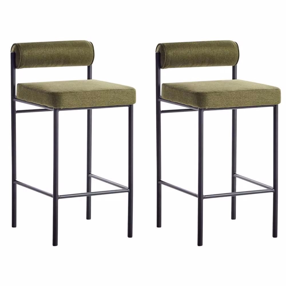 Wyld and Coco Set of 2 Green Polyester Bar Chairs with Black Metal Legs and Roll Backrest – 2