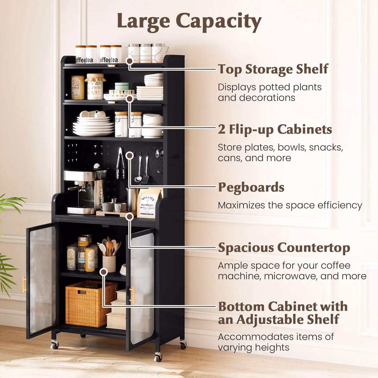 Gymax Black Metal Freestanding Kitchen Pantry and Coffee Bar Tall Unit, Height: 192 cm – 7