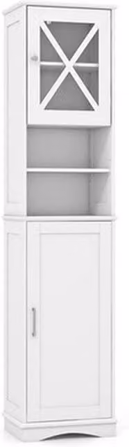 NESTLUNE White Corner Freestanding Tall Bathroom Cabinet with Hinged Doors and Open Shelving