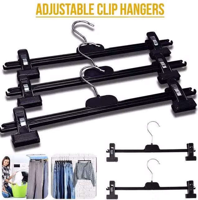 PAWNORA 15 Pack Black Plastic Trouser and Skirt Hangers with Clips for Space Saving