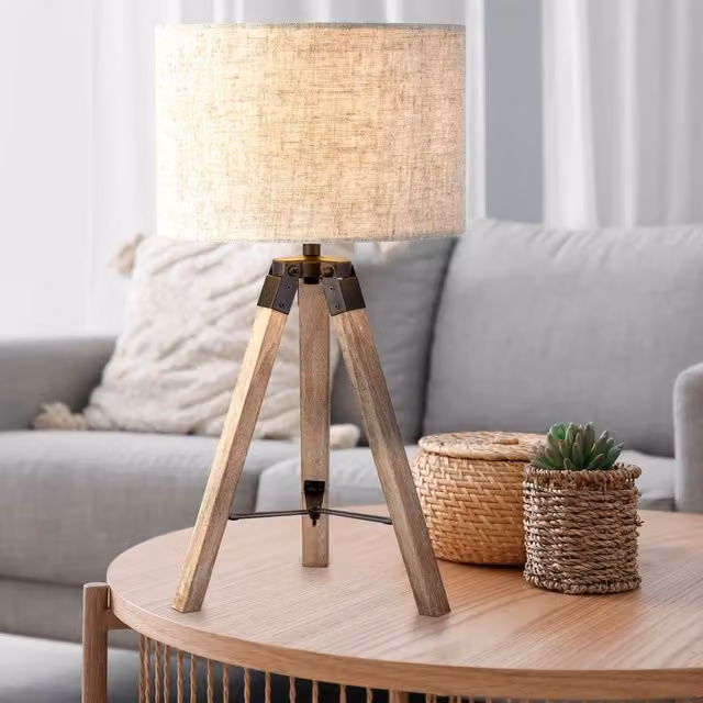 Lighting Collection Tripod Table Lamp with Grey and Beige Fabric Shade and Wood Base – 2