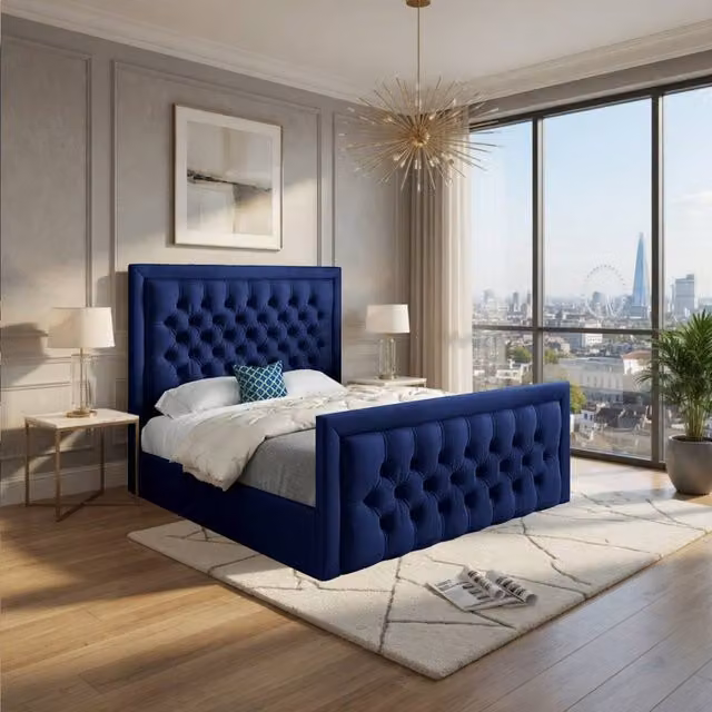 KDMD Swanscombe Modern Upholstered Velvet Designer Bed Frame in Blue, W/D/H: 120 x 137 x 128 cm – 1