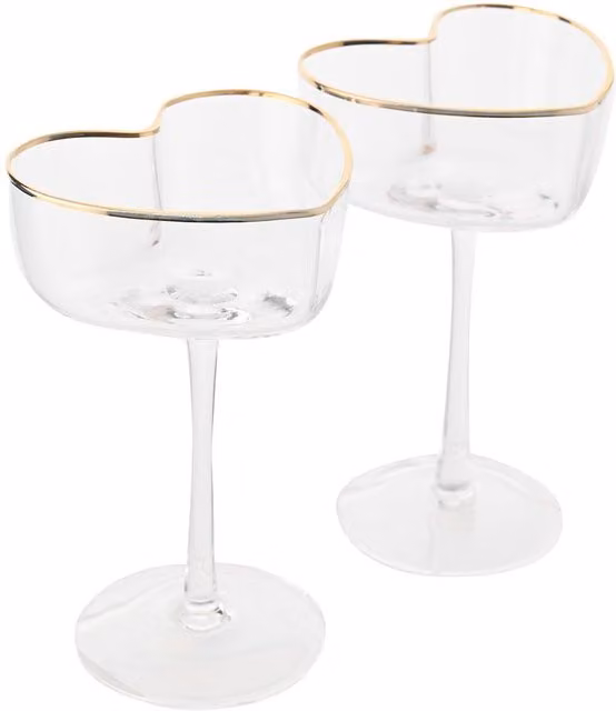 Amore by Juliana Set of 2 Heart Shaped Gold and Transparent Glass Martini Cocktail Glasses