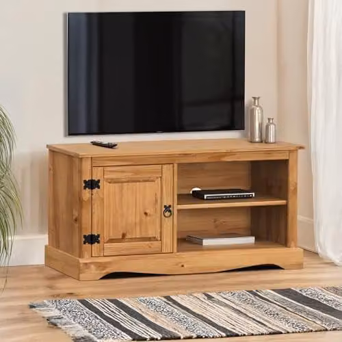Mercers Furniture Corona 1 Door TV Media Unit in Rustic Brown and Black Waxed Pine, W/D/H: 100 x 37 x 52 cm – 1