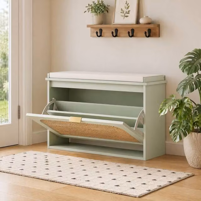 STILVORA Green Shoe Bench with Padded Fabric Seat and Rattan Flip Drawer, W/D/H: 80.0 x 47.5 x 26.0 cm – 1