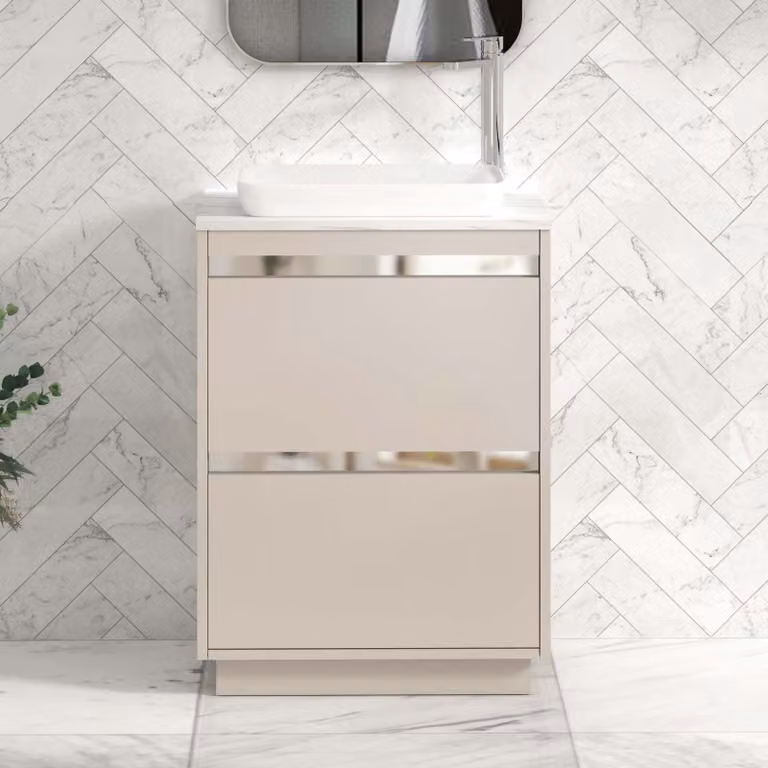 Royal Bathrooms Orion 2 Drawer Floor Standing Vanity Unit in Warm Taupe with Carrara White Stone Top and Countertop Basin