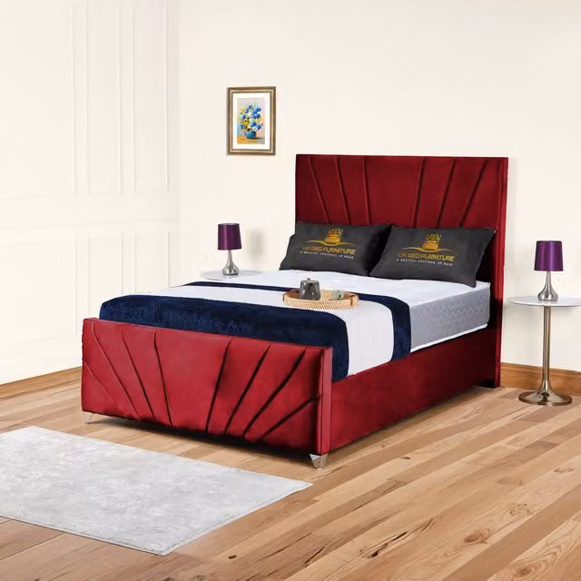 UK Bed Furniture Sunrise Upholstered Velvet Slatted Base Bed in Red, Size: 180 x 200 cm – 1