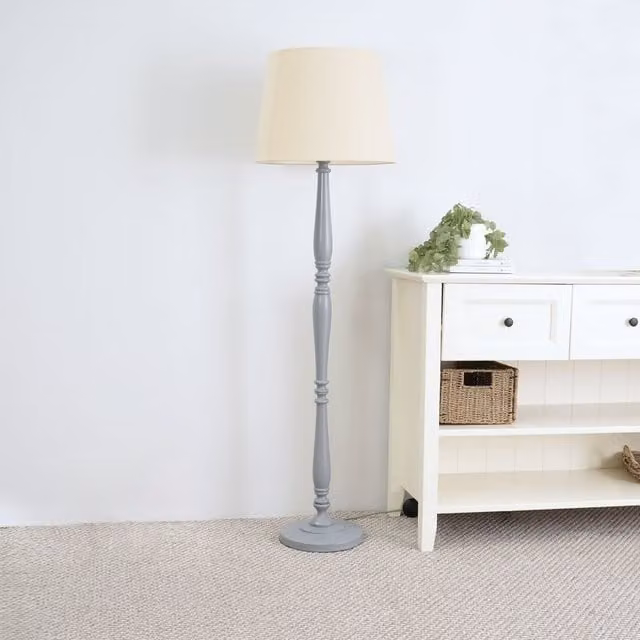 ValueLights Victoria Grey Wood Floor Lamp with Beige Fabric Tapered Shade
