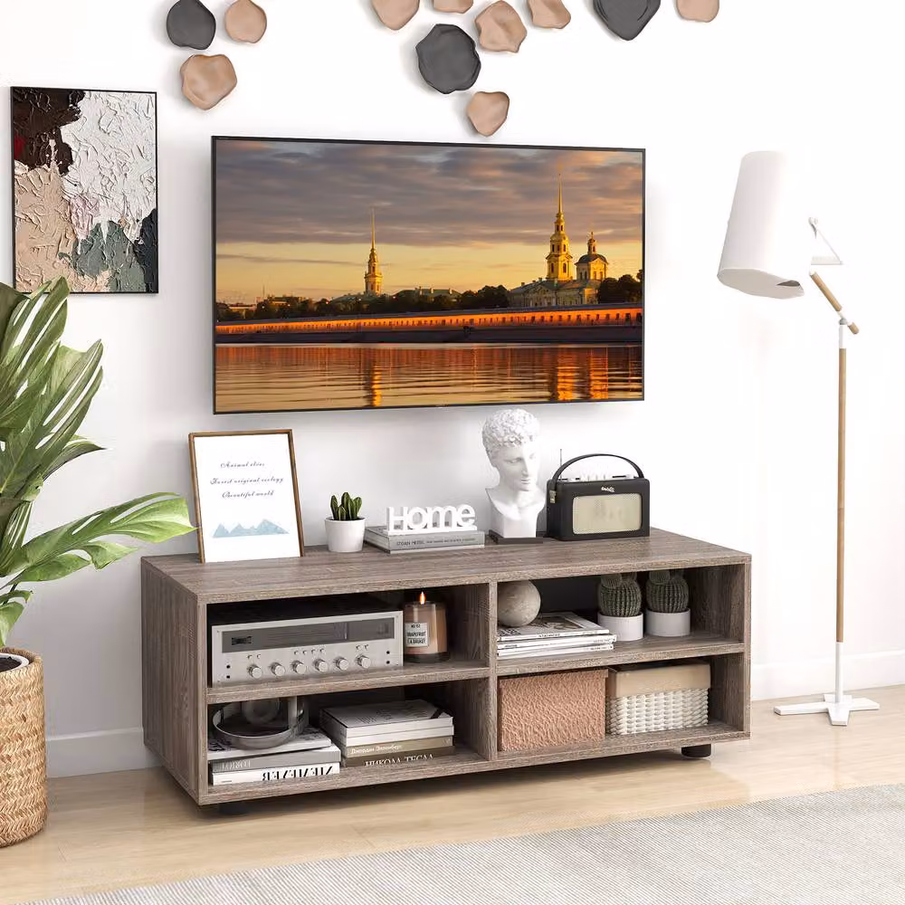 Gymax Modern Grey Entertainment Center TV Stand with 4 Media Compartments, Width: 90 cm – 3