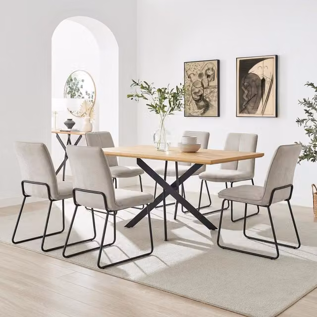 FurnitureboxUK Leonardo Oak Effect Rectangular Dining Table and 6 Halle Taupe Fabric Chairs in Beige