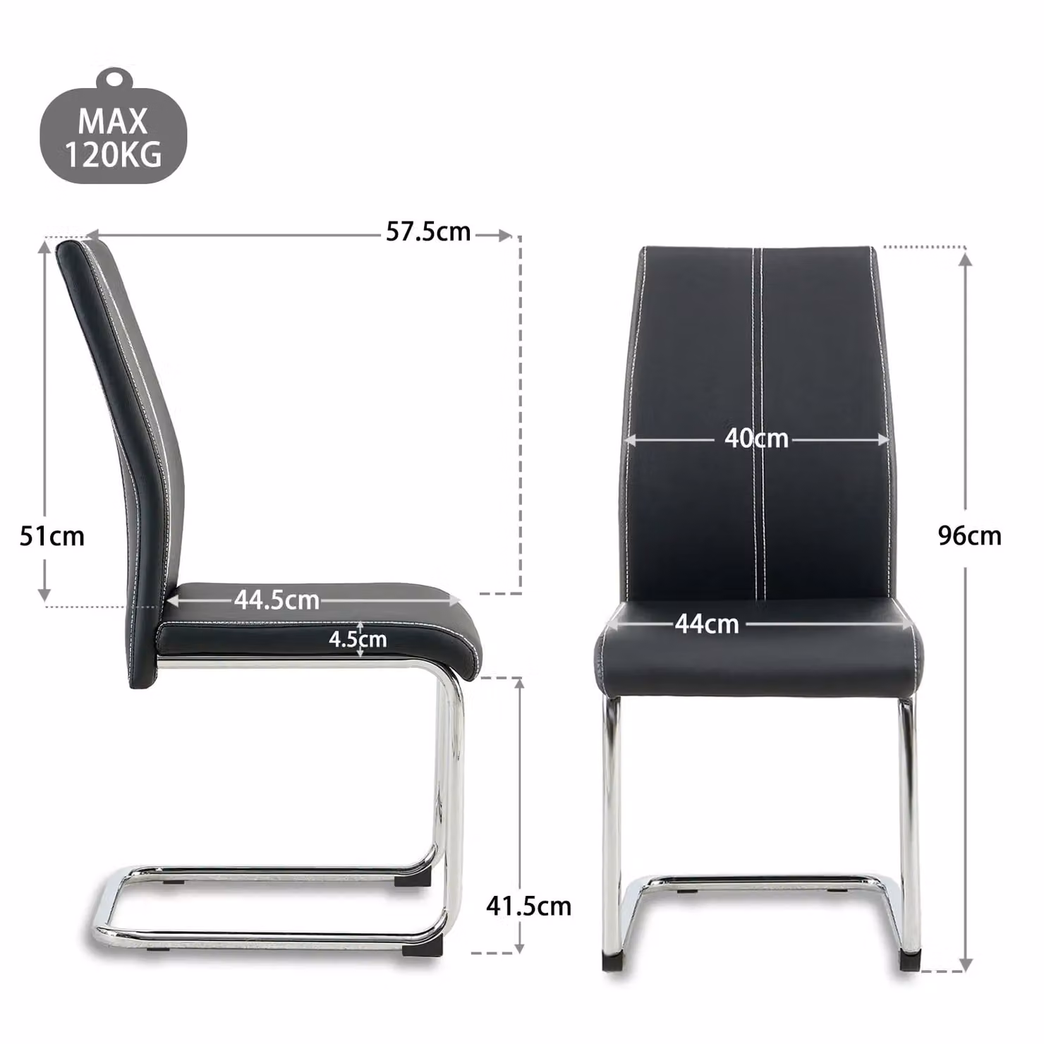 SONARA Set of 2 Modern Faux Leather Dining Chairs with Chrome Metal Cantilever Legs in Black and Grey – 3