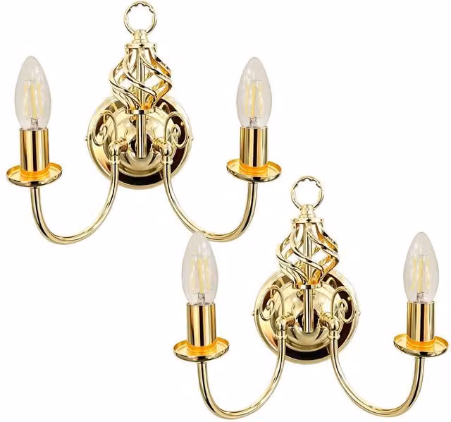 First Choice Lighting Barley Twist Set of 2 Polished Brass Wall Lights in Gold – 1