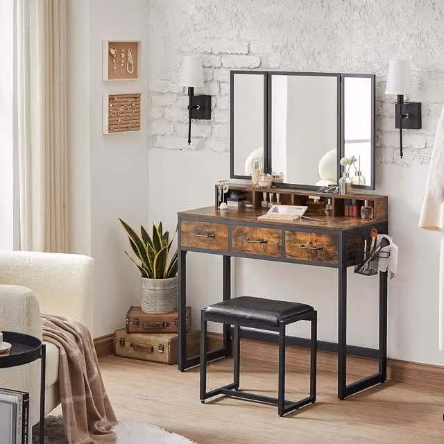 The Bazaarist Vanity Dressing Table Set with Tri-Fold Mirror, Stool and 3 Storage Drawers in Rustic Brown and Black
