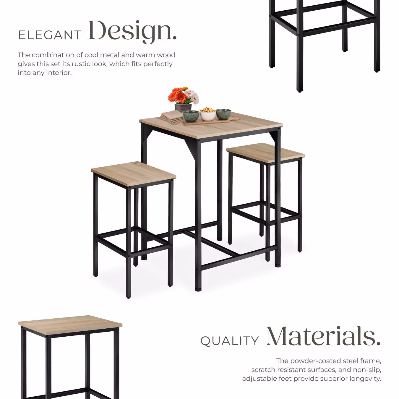 tectake Inverness Dining Table and 2 Bar Stools Set in Light Oak and Brown – 4
