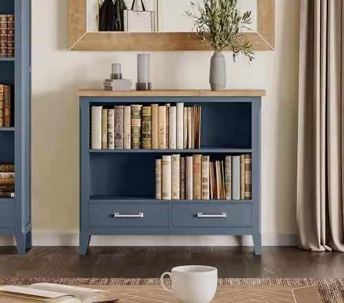 Baumhaus Signature Blue Low Bookcase in Matt Wood Finish – 2
