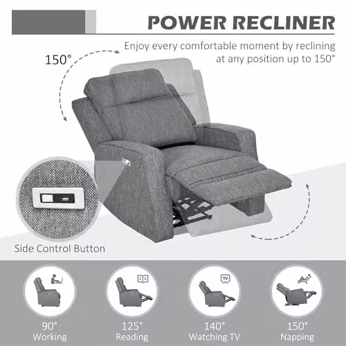 HOMCOM Electric Fabric Recliner Armchair in Grey with Adjustable Leg Rest and USB Port – 3
