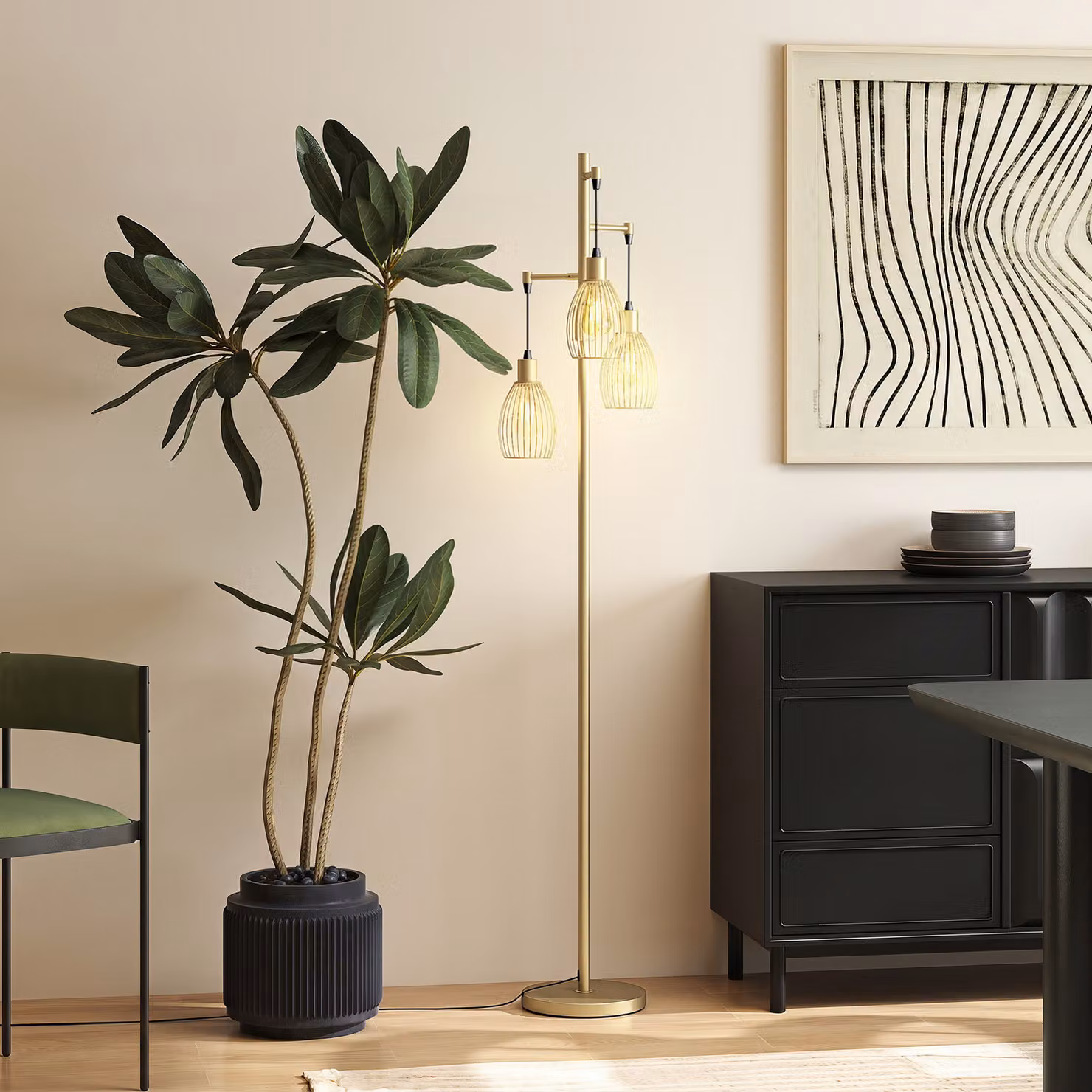 HOMCOM Industrial Dimmable 3-Light Floor Lamp with Steel Wire Cage Lampshades, Gold/Brass, Height: 170.5 cm – 5