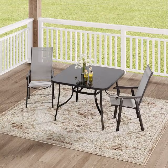 Komore Black Glossy Square Tempered Glass Patio Table and 2 Folding Chairs Set