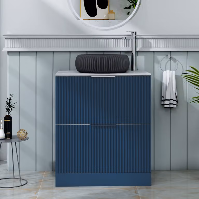 Royal Bathrooms Evora Midnight Blue Fluted Floor Standing Countertop Vanity Unit with 2 Drawers and Milan Black Basin