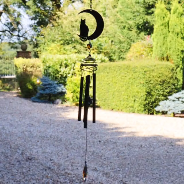 Betley Butterfly Silhouette Cat and Moon Metal Wind Chime in Black