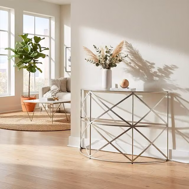 Orsina Silver Leaf Console Table with Geometric Iron Frame and Transparent Oval Tempered Glass Top – 1
