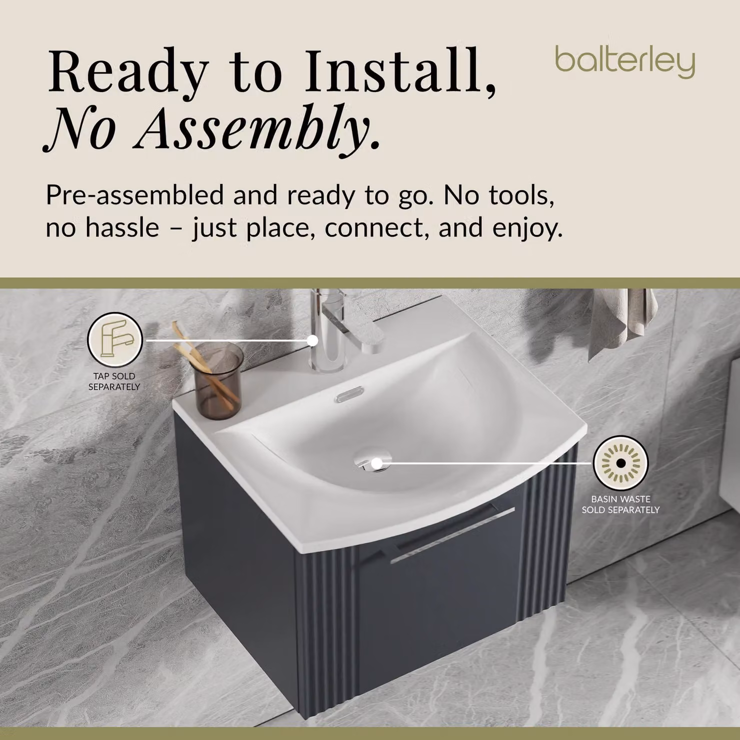 Balterley Wall Hung 1 Drawer Vanity Unit with Curved Basin, Satin Dark Grey, Width: 50 cm – 4