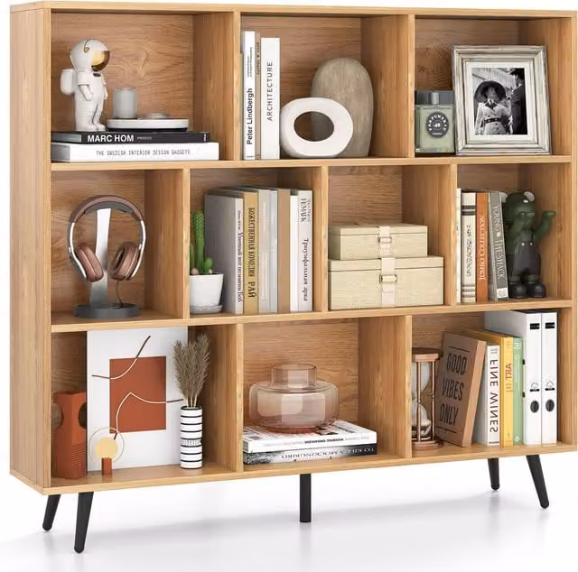COSTWAY Mid-Century 10-Cube Freestanding Bookcase in Brown and Beige with Back Panel