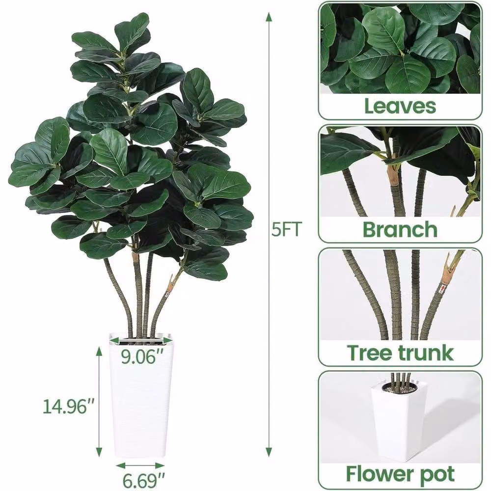 VOGREX 152.4 cm Artificial Fiddle Leaf Fig Tree with Planter in Green – 2