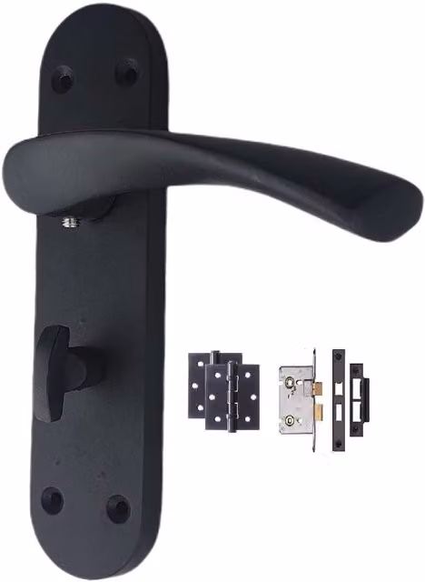 Golden Grace Matt Black Bathroom Door Handles on Backplate