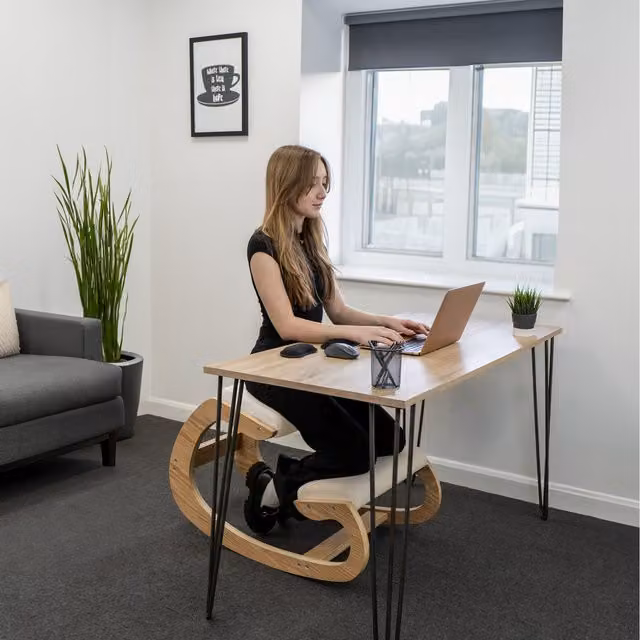 Monster Shop Ergonomic Kneeling Chair in Beige and White Fabric with Wood Details