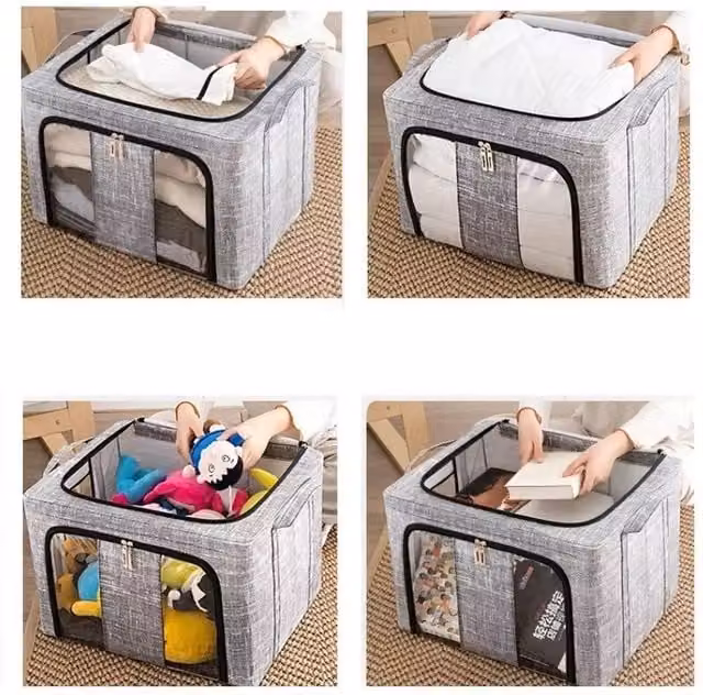 KORVIXA 2-Piece Set of 66L Folding Fabric and Metal Storage Boxes in Grey