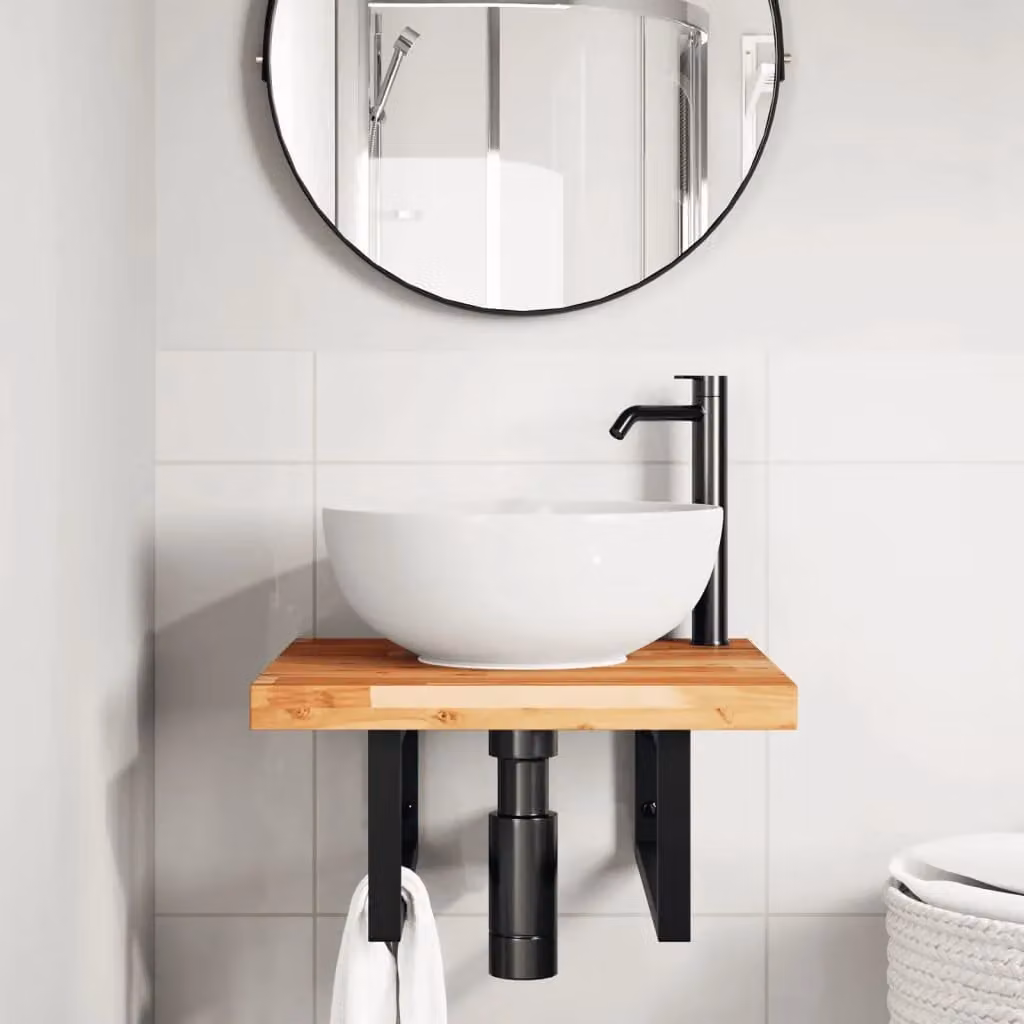 Berkfield Home Wall Mounted Basin Shelf in Brown Acacia Wood and Steel – 2