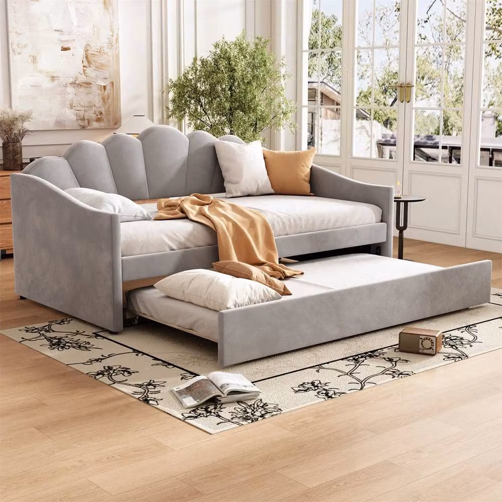 FORGEVIO Grey Velvet Upholstered Single Bed Frame, W/D/H: 90 x 190 cm – 3