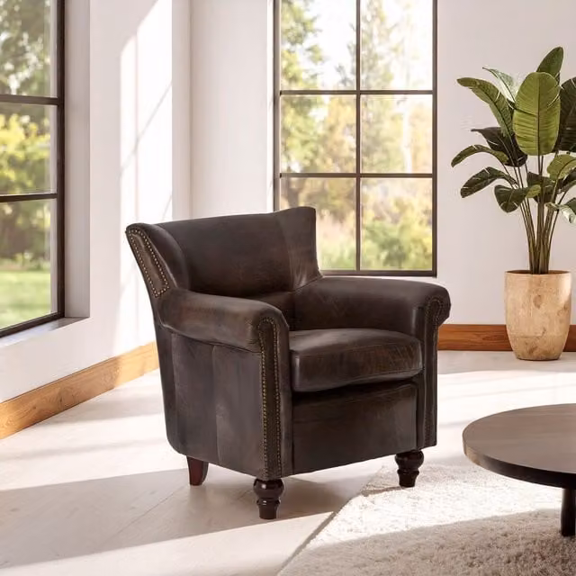 Orsina Dark Grey Scroll Armchair with Copper Studded Detail and Walnut Wooden Frame – 1