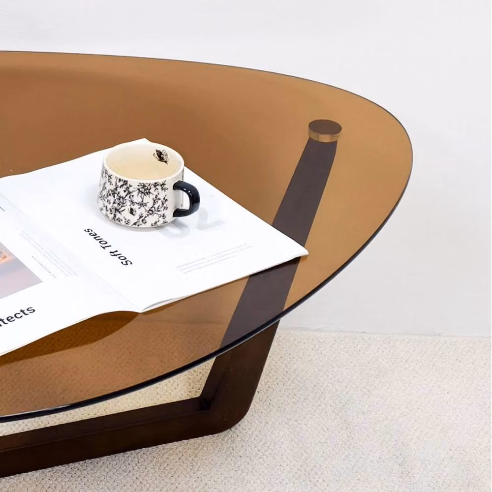 FORGEVIO Modern Oval Glass Coffee Table with Rubberwood Legs in Amber and Brown – 4